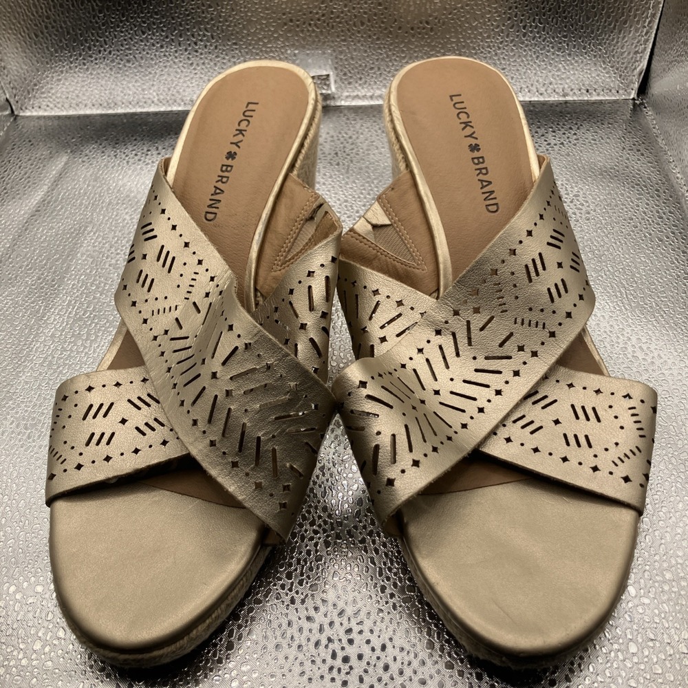 (NWT)Lucky Brand Keela Perforated Cross Open Toe Espadrille WM Wedge Size 9.5